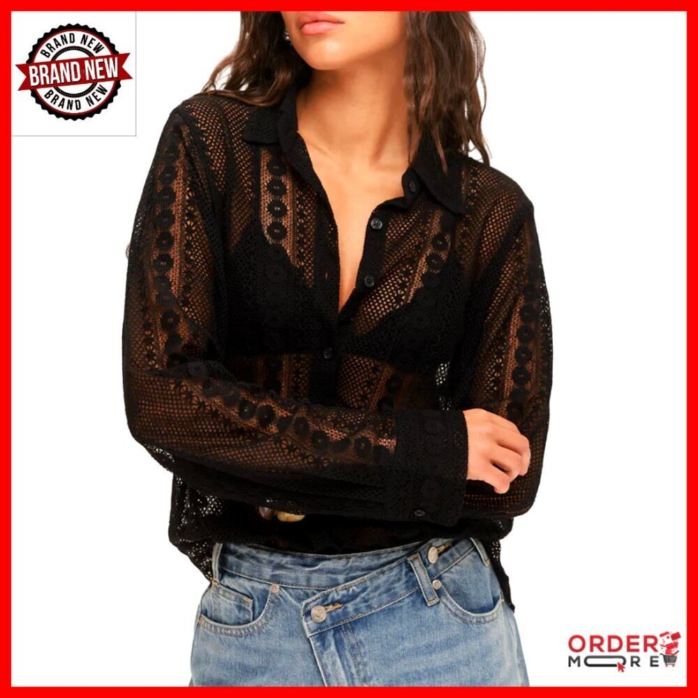 Long Sleeve Floral Lace Blouse Button Down Sheer Mesh Top